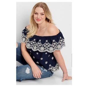 NWT Maurices 1 Plus Off Shoulder Eyelet Navy Top